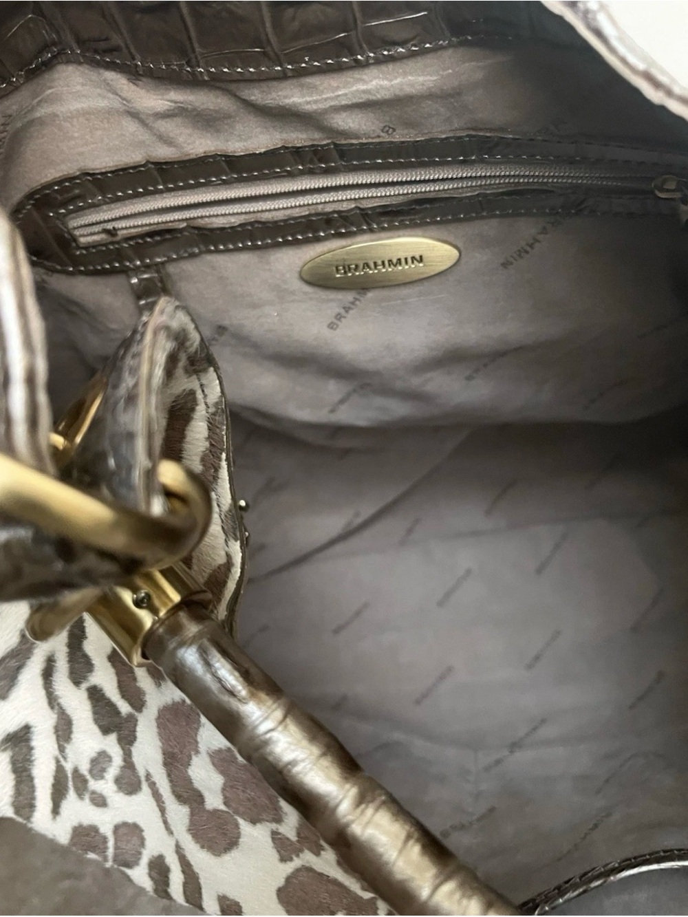 Brahmin Kathleen Exotic Leopard & Croc Leather Hobo Shoulder Bag Gold-tone  EUC - Picture 10 of 15